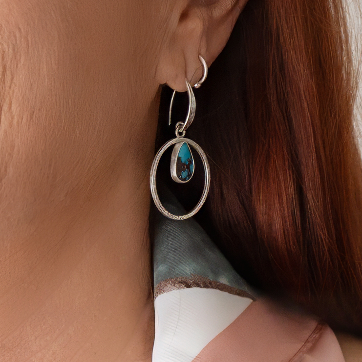 Egyptian Turquoise Sterling Silver Hoops shown worn on ear.