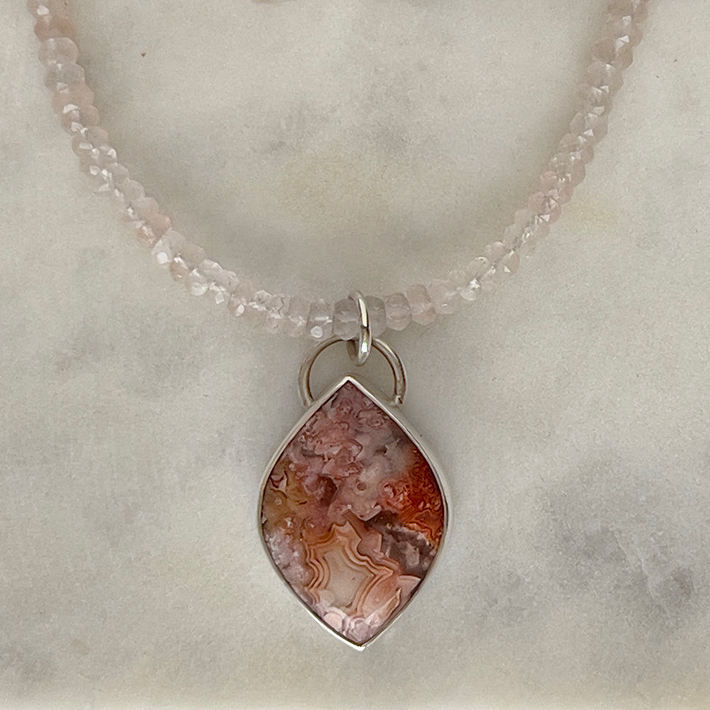 Laguna Lage Agate Necklace with Rose Quartz Beads - Close up view.
