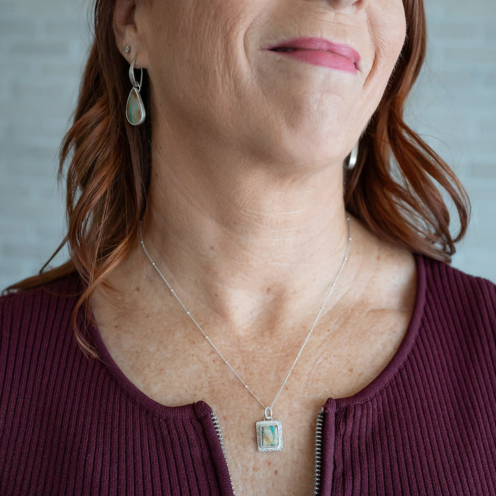 Handcrafted Turquoise necklace and earrings - worn by Novaura Jewelry artist - Laura Novak-Roesgen