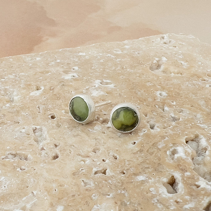 Close-up of round Sonoran Gold Turquoise stud earrings set in polished sterling silver bezels on a neutral stone background.