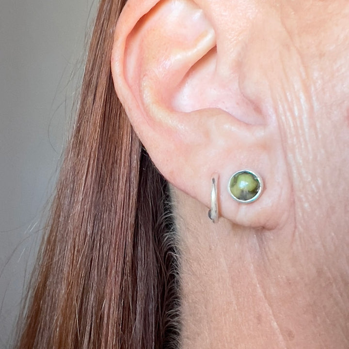 Sonoran Gold Turquoise and Sterling Silver Round Stud- small. Worn on ear.