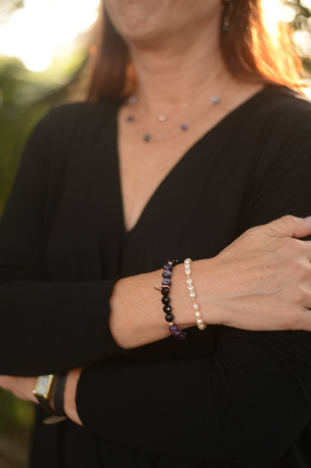 Amethyst, Black Onyx & Rose Gold Open Heart Charm, Stretch Bracelet