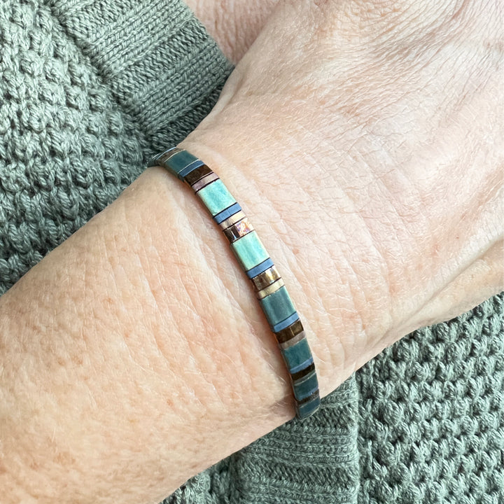 Aqua and Bronze Tila Bead Bracelet