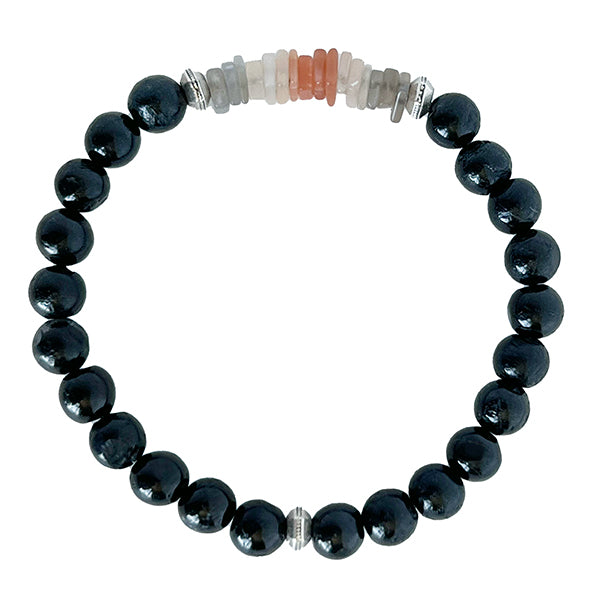 Protect your soul with a cosmic shield of heavenly hues! This vibrant bracelet features a beautiful combination of peach, grey, and white moonstones joined by black tourmalines, thought to provide protection for the wearer.