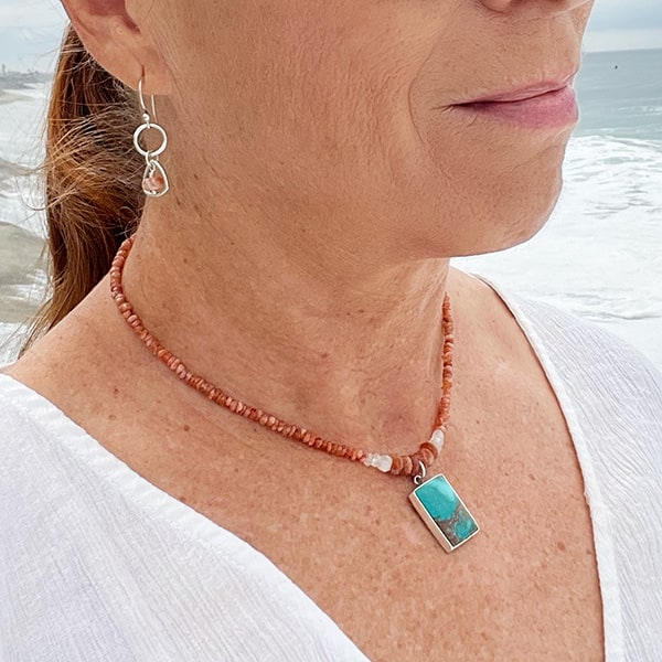Turquoise and Sunstone Necklace Worn on Laura of Novaura Jewelry