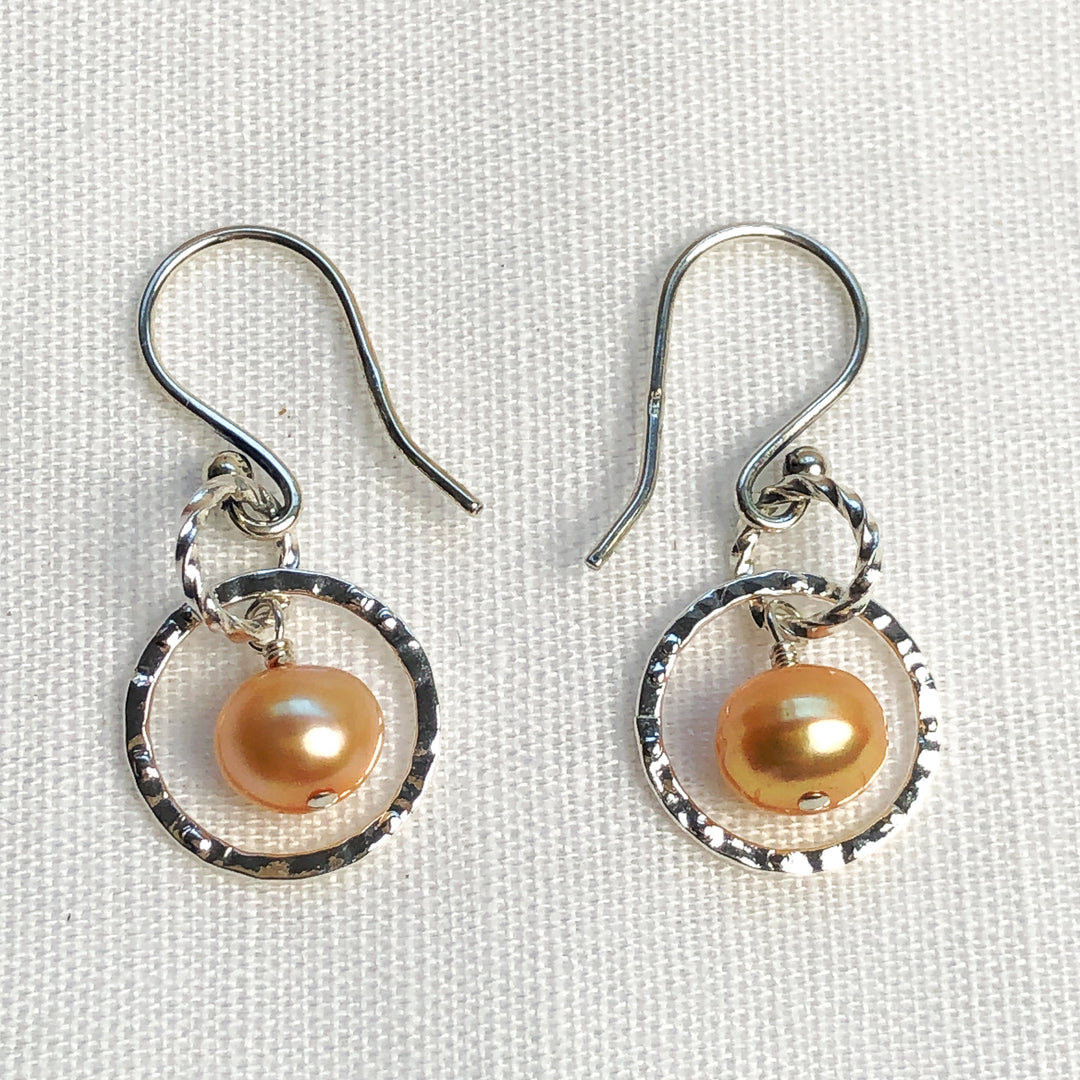 Fresh as summer- Apricot Pearl & Silver-plated 14mm hammered silver circles. Lightweight and graceful. Handcrafted in California