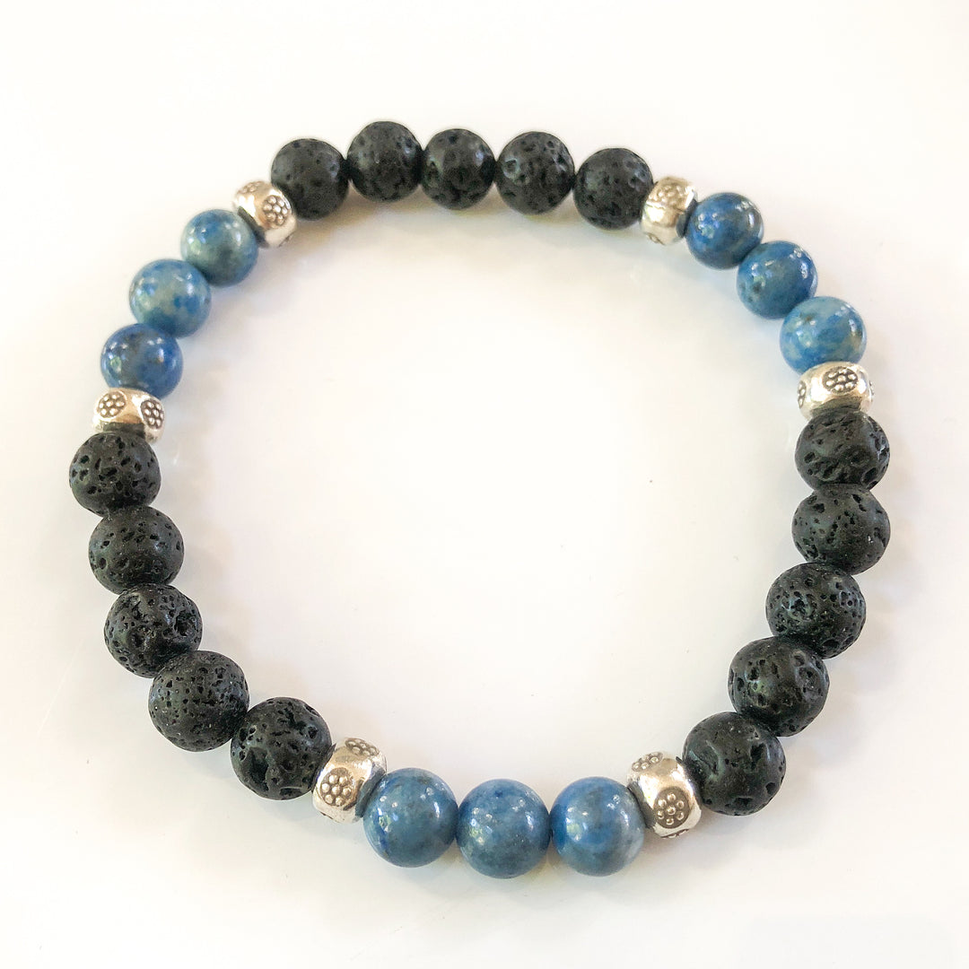 Blue Denim Lapis & Lava Rock Beads in a sterling silver stretch bracelet to complement your T-shirt & jeans. Men's size Large  Handcrafted in CA.