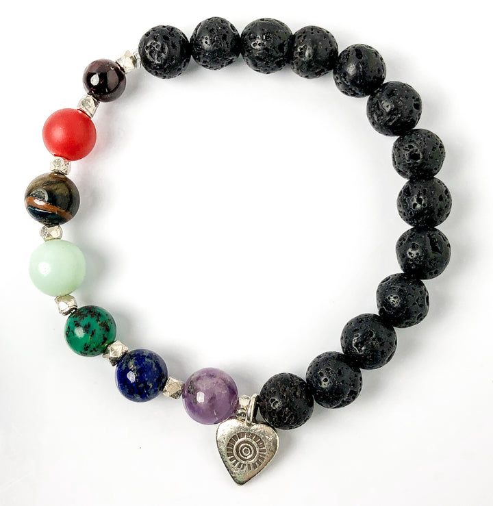 Semi-precious Gemstone 7 Chakra Bracelet, Hill Tribes Silver Heart Charm, Lava Stone Bracelet, 8mm Beads, Overhead view