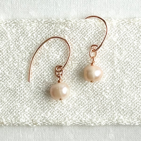 Cultured Freshwater Pearl & 14KT Rose-Gold Filled Earrings; Versatile to wear with a simple chain or a freshwater pearl necklace; Handcrafted in California