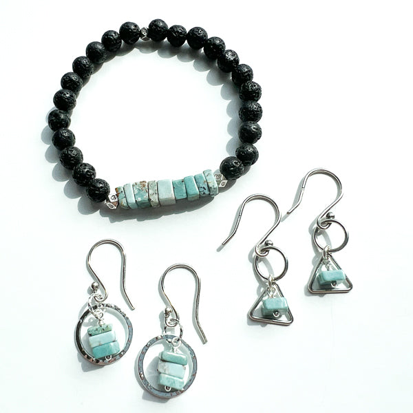 Larimer and Silver Earrings shown in a group with Larimer and Sterling Silver Bracelet. 
