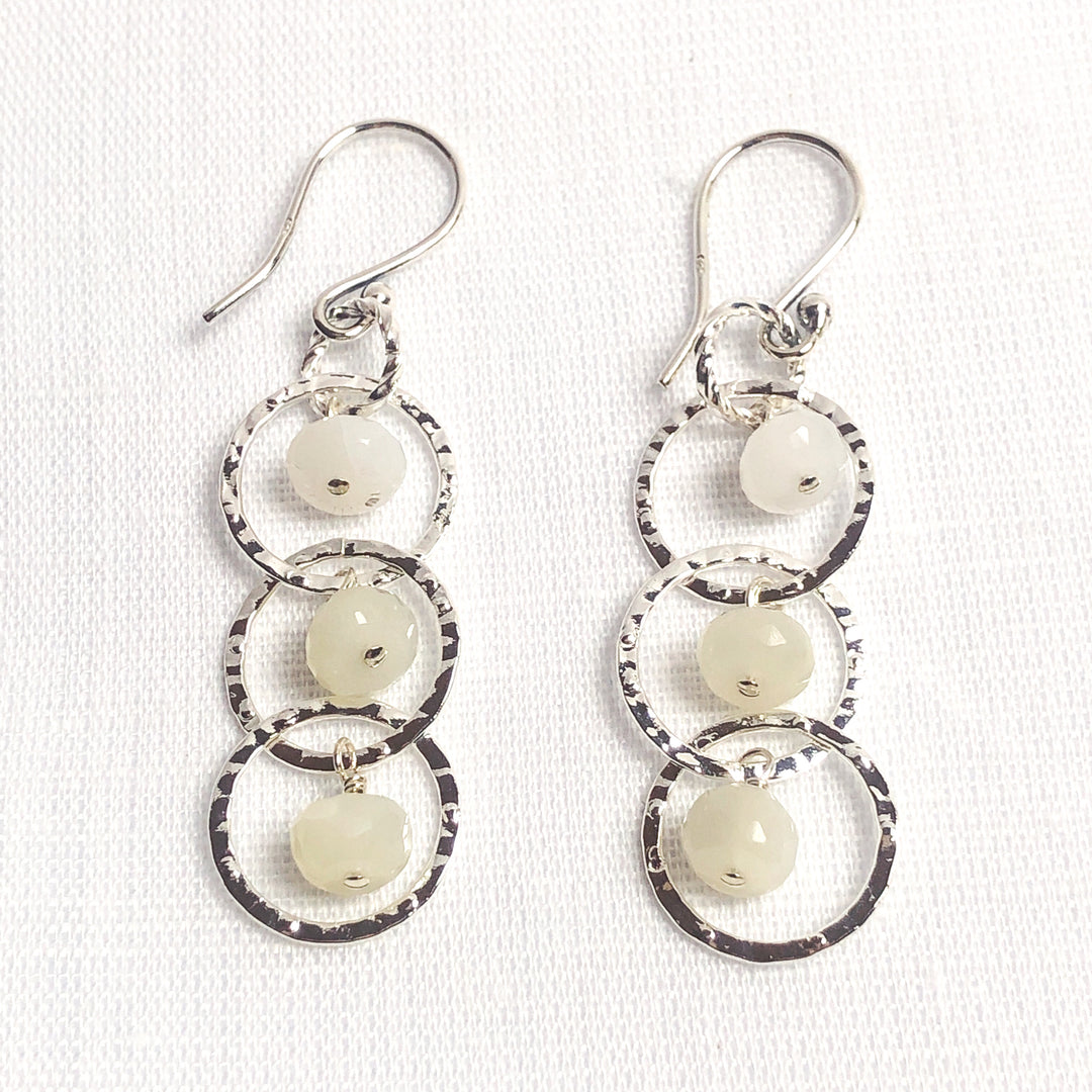 White Moonstone & Silver-plated 14mm hammered round cable chain circles. Lightweight and graceful.