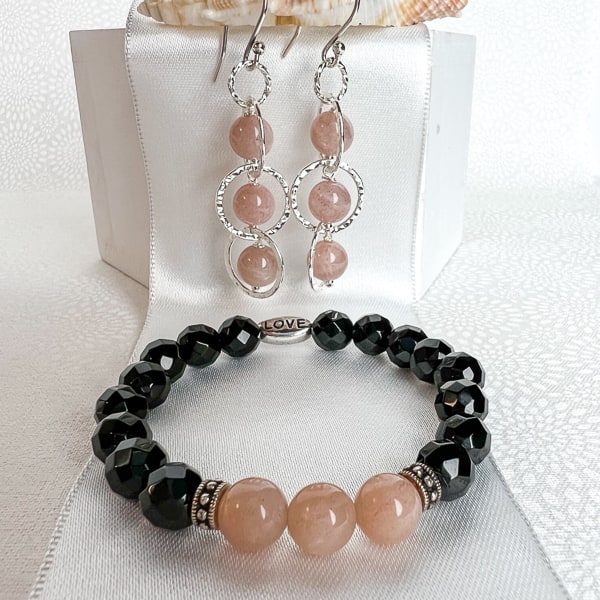 The blush pink & "freckles" of these Semi-precious Gemstone Pink Flake Moonstones are stunningly framed by the hammered silver circles. Lightweight and graceful for a special occasion or with your Mother of the Bride gown.  Shown with Pink Flake Moonstone and Black Onyx Bracelet. 