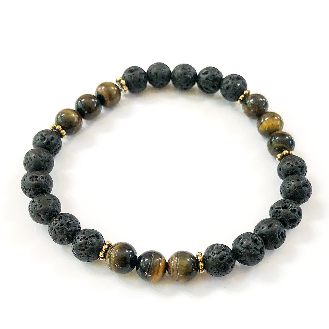 Tiger Eye & Lava Rock Beads stretch bracelet to complement your T-shirt & jeans. Men's size Large  Handcrafted in CA.