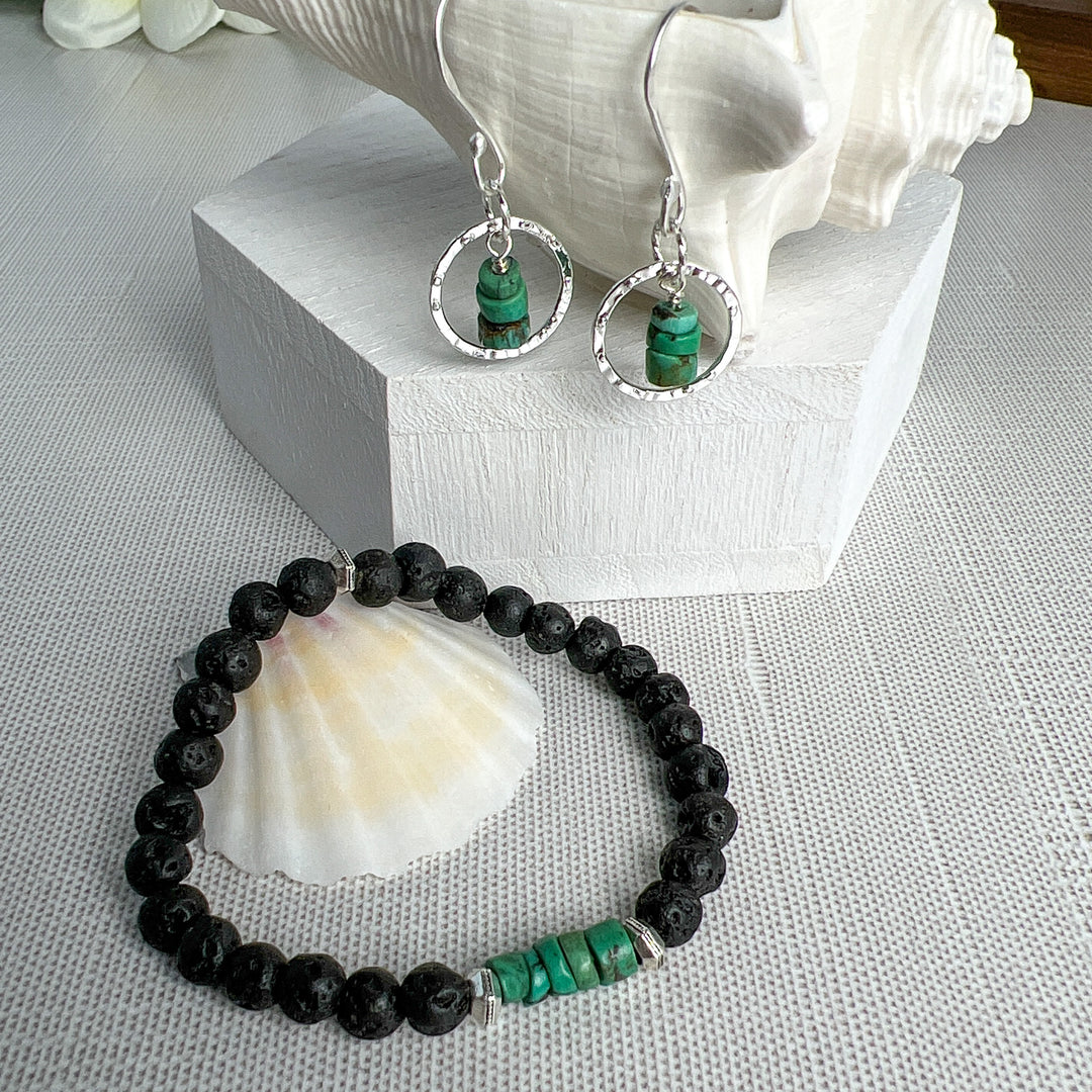 Delicate Heishi Yungai & Silver-plated 14mm hammered silver circles. Lightweight and graceful. Paired with the small sea-green heishi beads and black lava rock bracelet.  Novaura Jewelry Sparkle Set.Handcrafted in California. 